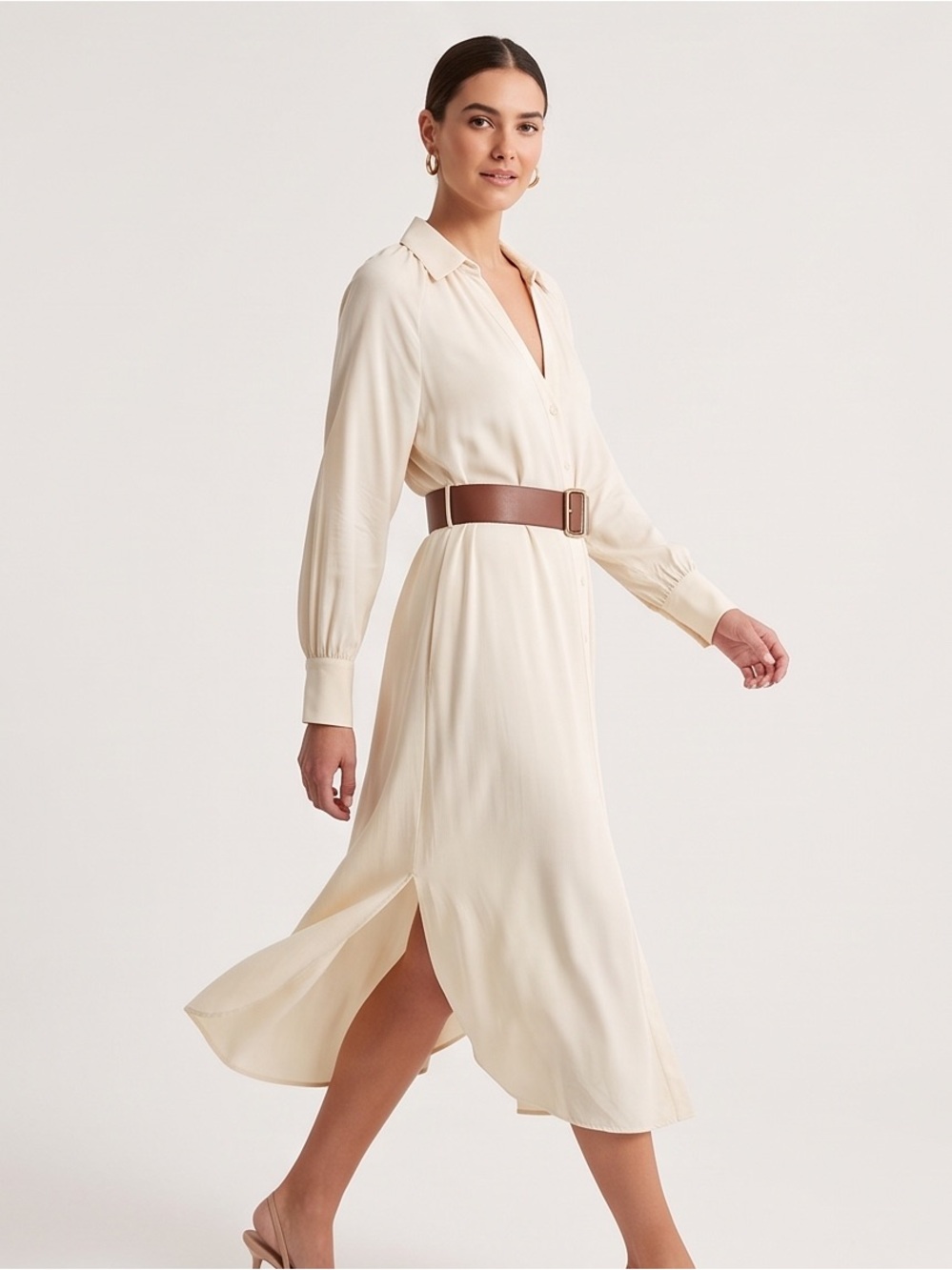 Zara Cream Long-Sleeve Collared Midi Dress